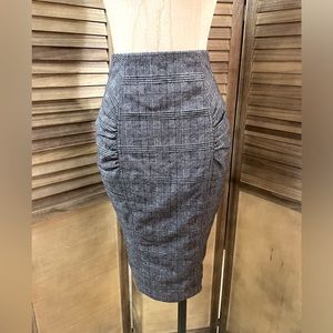Nanette Lepore- Gray plaid fishtail pencil skirt with side runching